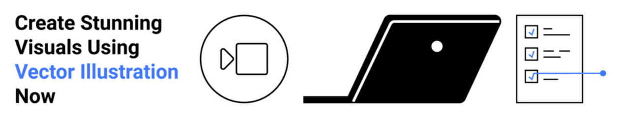 Video camera icon, open laptop, and checklist representing multimedia tools, task planning, and organization. Ideal for teamwork, remote work, creativity, workflow productivity planning