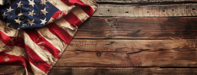 Fototapeta premium Old Glory Draped Over Rustic Wooden Texture