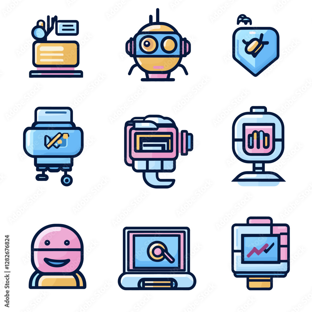 Aufkleber ai machine learning icons showing robot, graph, and search technology set