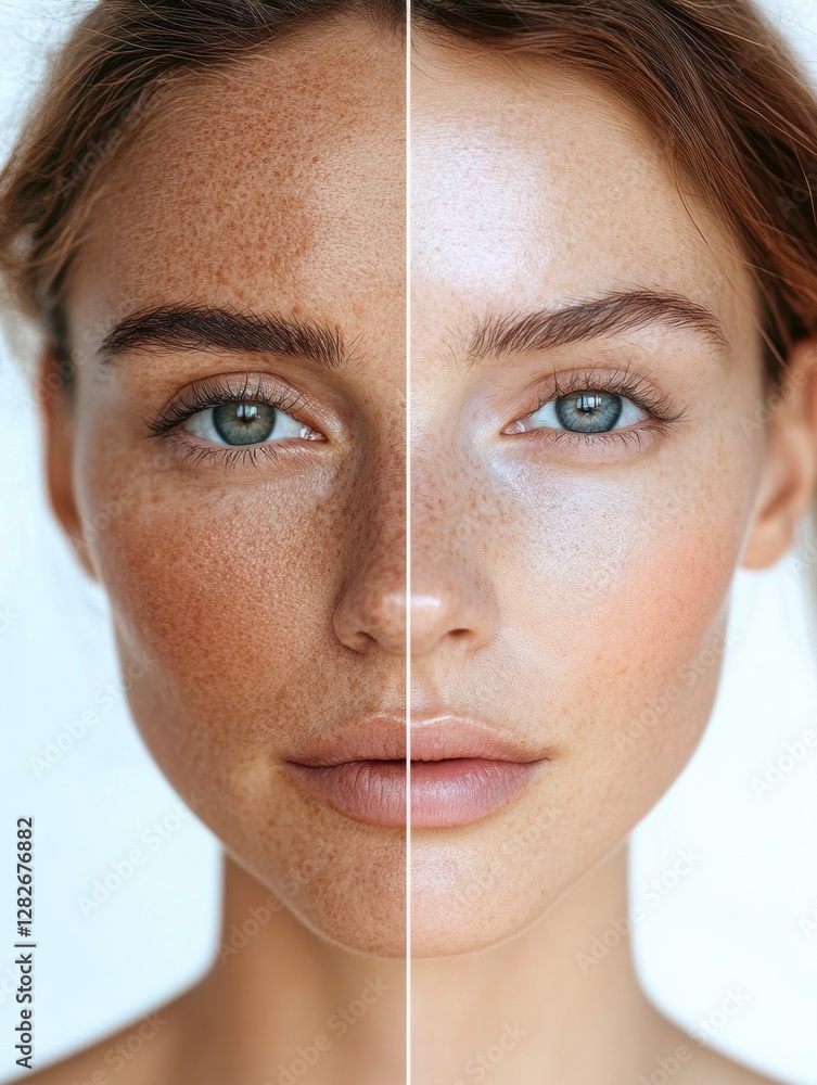 Poster Split screen showing contrasting skin textures of a woman highlighting age and beauty differences in facial features. Generative AI