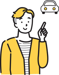 車を思い出す若い男性のイラスト　指差し　笑顔