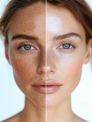 Split screen showing contrasting skin textures of a woman highlighting age and beauty differences in facial features. Generative AI