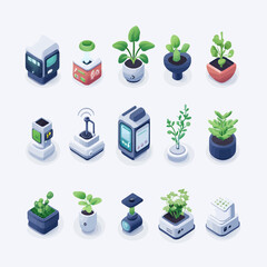 Isometric vector smart garden gadgets with plants on white background