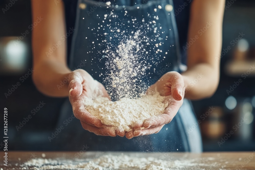 Poster hands releasing flour in a kitchen during baking session with a blurred background of baking tools a