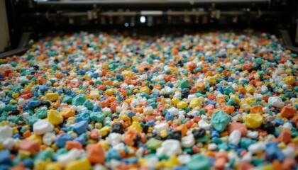 Obraz premium Colorful Plastic Particles Spread Across the Surface of a Printing Machine in an Industrial Setting