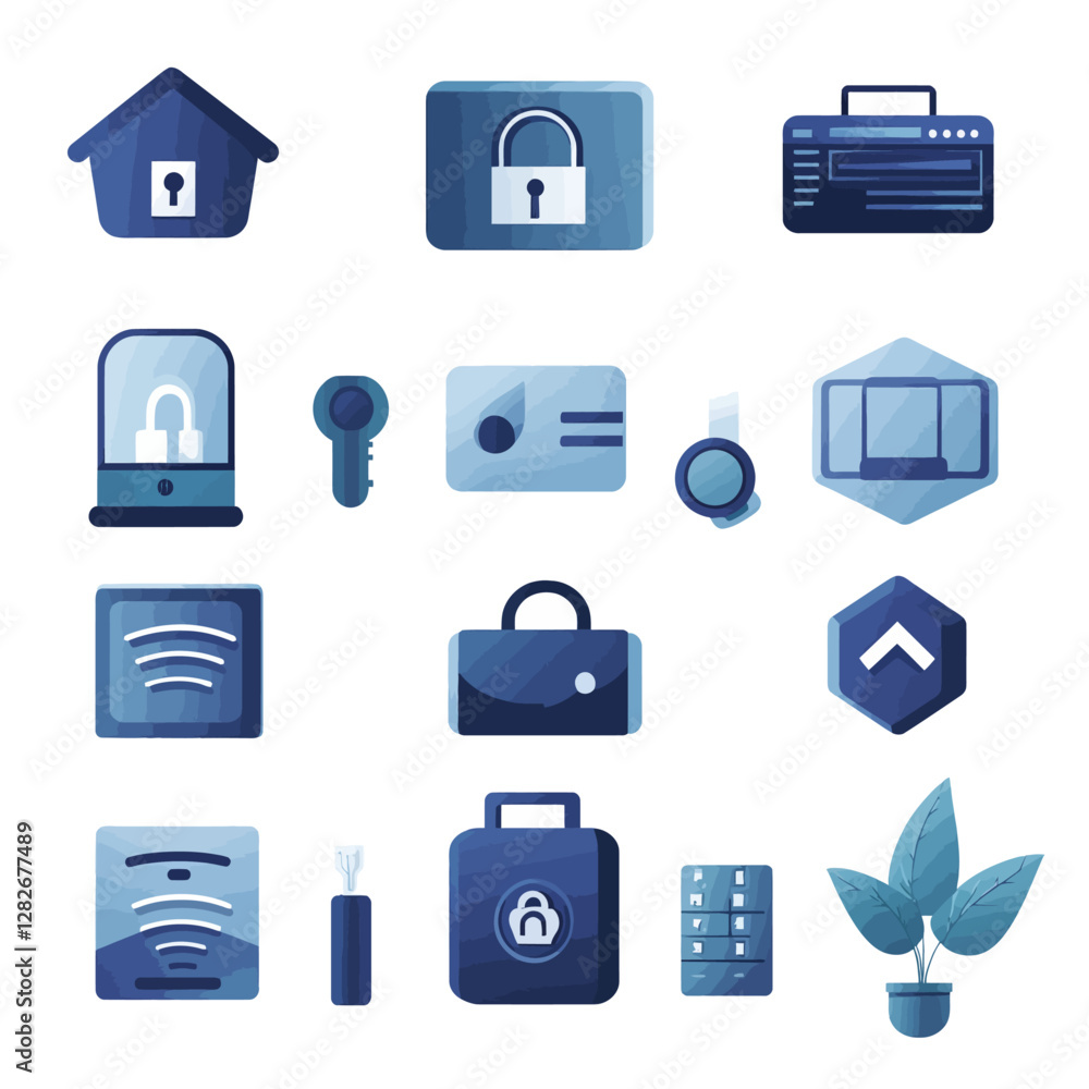 Poster smart home security system icons with locks and modern technology vector