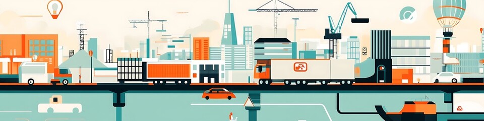 Modern Cityscape Illustrating Urban Transportation and Construction