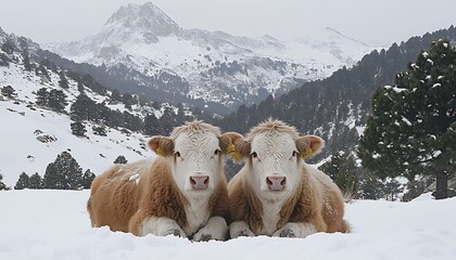 Naklejka premium Two Cows Resting in Snowy Mountains