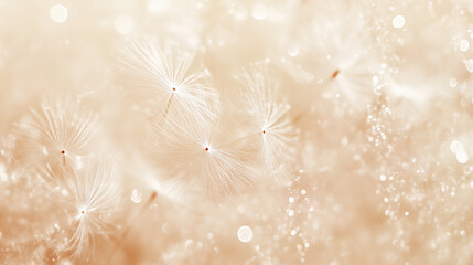 Dandelion seeds floating in the air with pastel beige background with bokeh lights