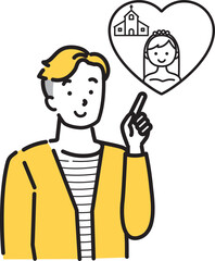 婚約者を思い出す若い男性のイラスト　指差し　笑顔