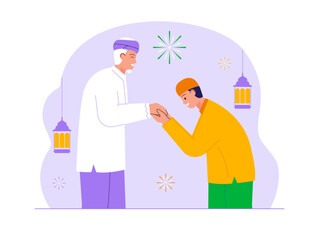 Young muslim man taking blessing from his grand father in ramadan festival Illustration. Eid illustration. Flat vector illustration concept
