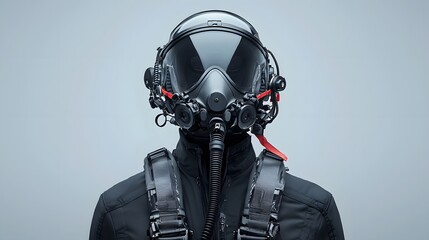 A photo of a modern high tech fighter pilot suit and helmet displayed on a mannequin in a gray studio setting  The suit features advanced protective gear an oxygen mask and a sleek futuristic design