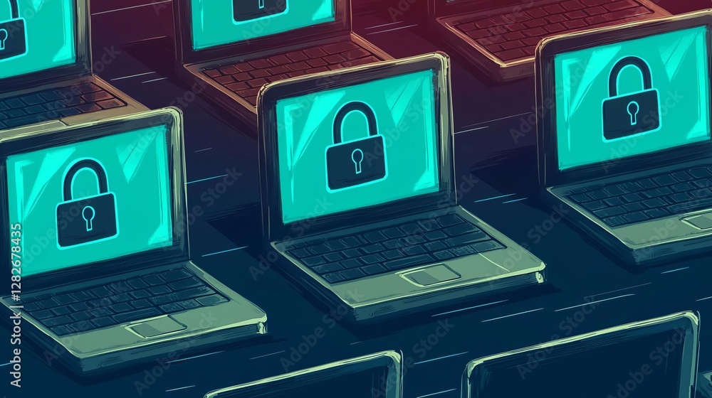 Poster secure laptops with padlocks represent data protection and cybersecurity awareness.