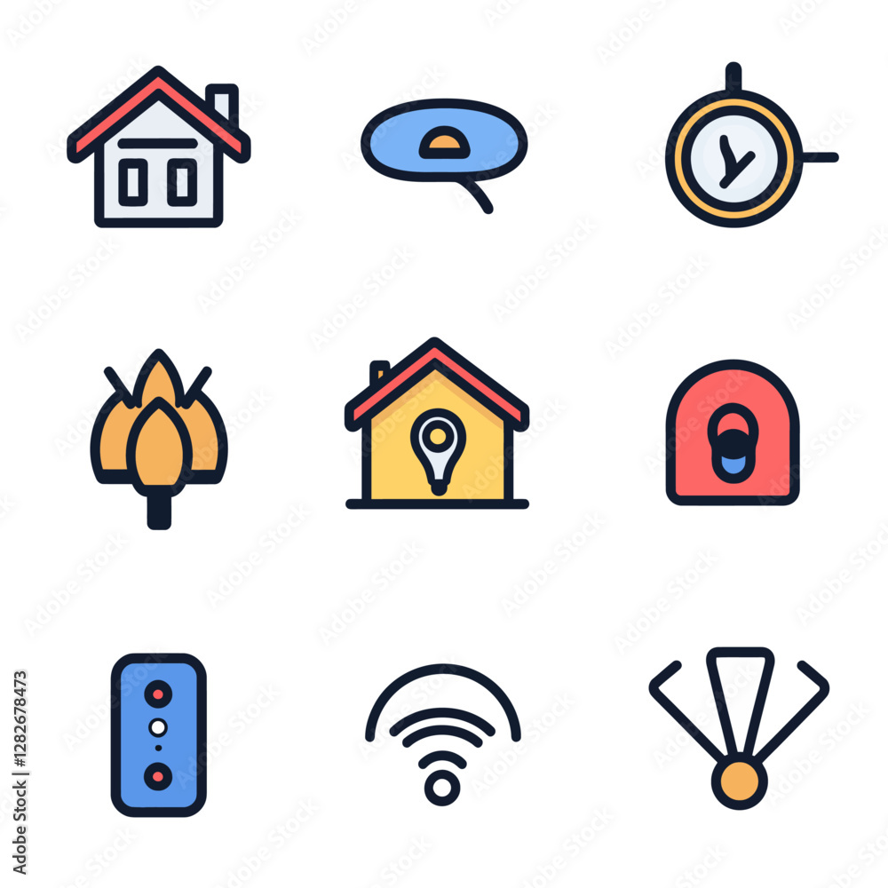 Poster smart home automation technology vector icon set with security controls