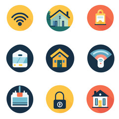 Smart Home Automation Flat Icon Set Featuring Security and Connectivity