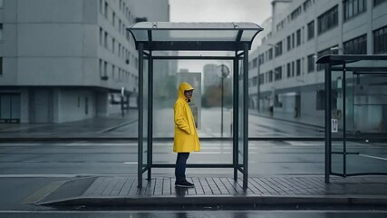 Person in a bright yellow raincoat stands at a bus stop during a downpour in a gray urban setting