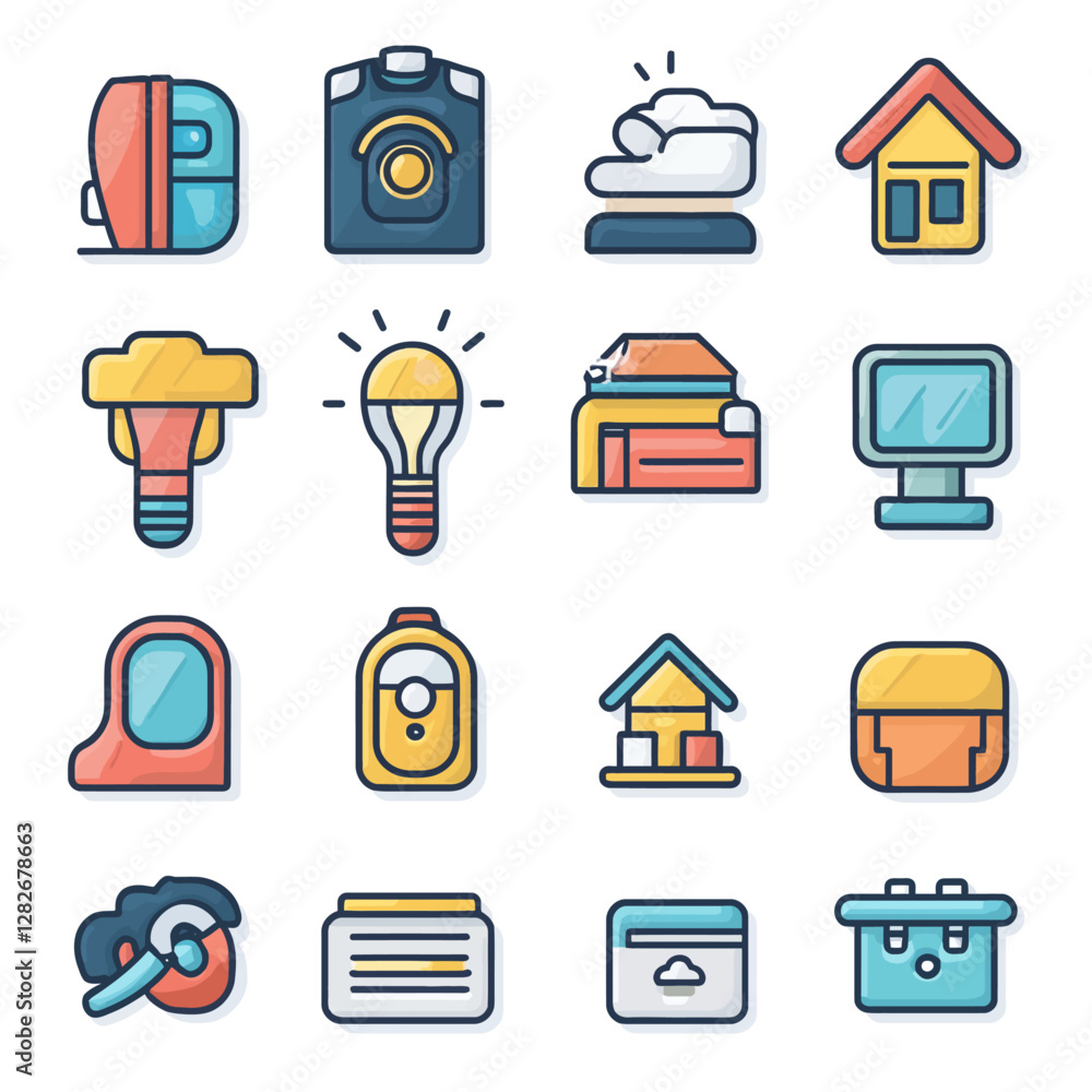 Poster collection of minimalist line art icons depicting various everyday objects