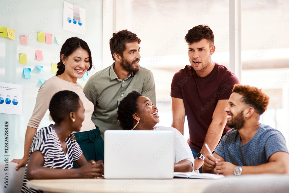 Poster creative, laughing and group in office, meeting and ideas for project, discussion and event planning