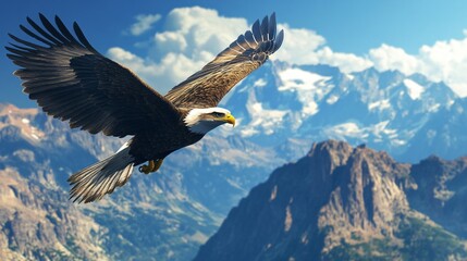 Majestic Bald Eagle Soaring Above Majestic Mountain Range