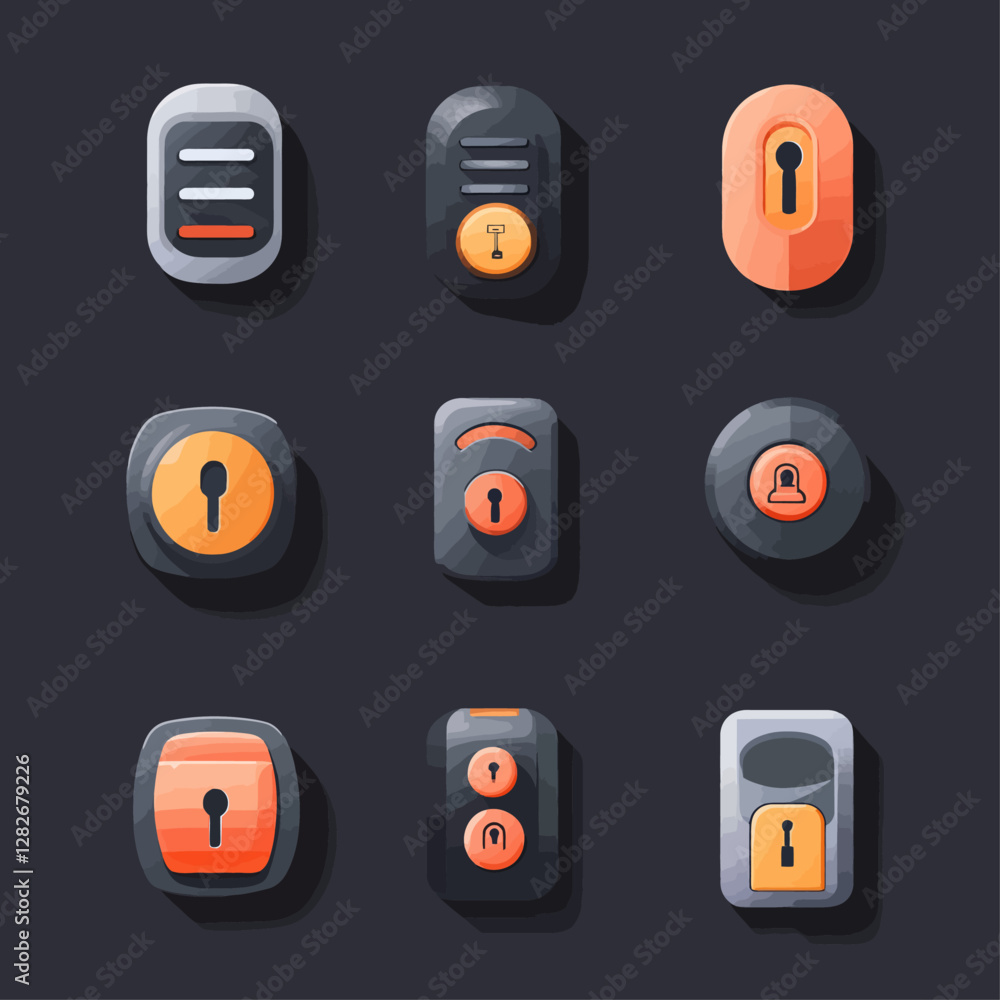 Poster security system panel icons vector set with shadow on dark background