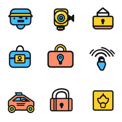 Security icon set features robot, surveillance camera, and locked safe