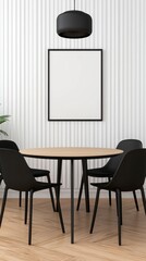 Modern Minimalist Dining Room with Round Wooden Table and Black Chairs