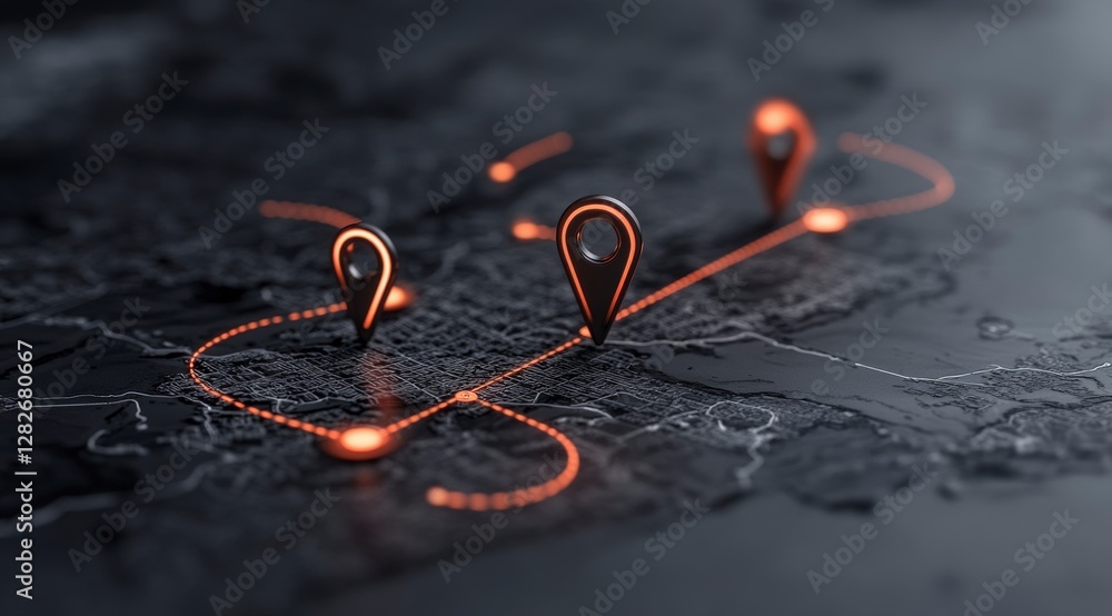 Poster glowing location pins on city map route navigation gps tracking 3d render