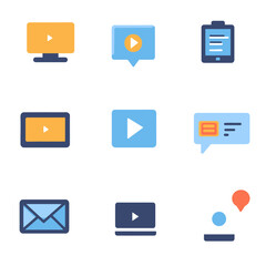 Media Communication and Social Connections via Digital Device Flat Icons