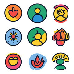 Diverse Avatar Icons of People, Love, Fire, and Sun on a White Backdrop