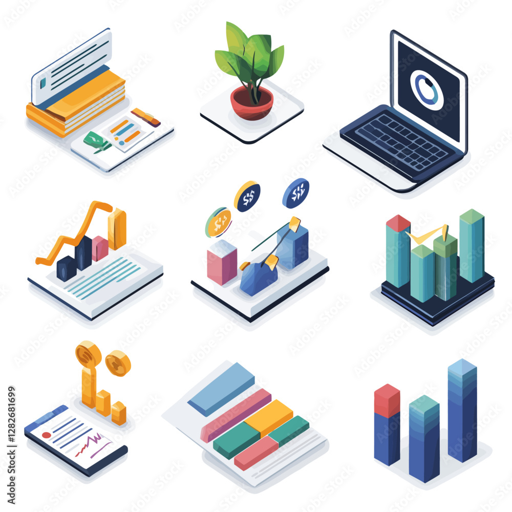 Poster isometric financial data visualization elements on white background