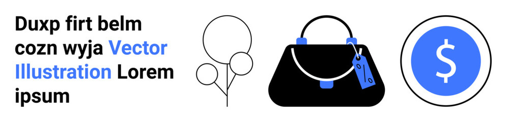 Handbag with price tag, circular dollar sign, and balloons highlighting retail themes. Ideal for fashion, sales, offers, discounts, e-commerce lifestyle or gift promotions. Flat landing page banner