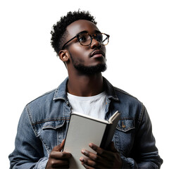 Thoughtful Young Man Holding Book In Casual Jacket Looking Up Against White Background