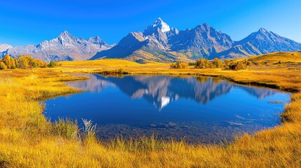 Fototapeta premium Snow-capped mountain peaks reflect in a calm blue pond surrounded by golden autumn grass under a clear sky.