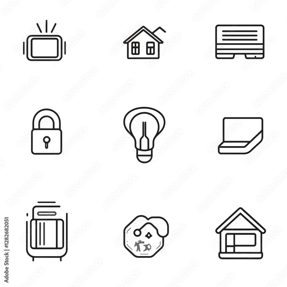 Poster smart home automation system line icons set with light bulb and lock