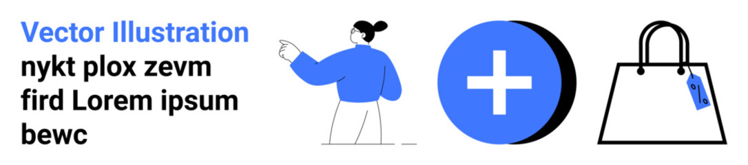 Female character gesturing towards icons of a shopping bag and a plus sign. Ideal for retail, e-commerce, online shopping, marketing, product promotion, consumer behavior, flat landing page banner