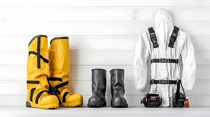 A set of chemical resistant gloves boots and a hazmat suit placed together signifying readiness for handling hazardous materials and environments