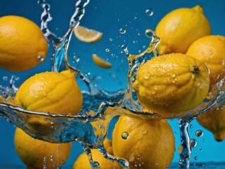 A refreshing scene of bright yellow lemons splashing into water. Generative AI.