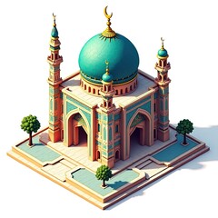 Isometric Charming Pink Cartoon Mosque with blue dome 