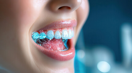 close up of smiling person using augmented reality dental simulation with glowing wireframe overlay on teeth, showcasing advanced technology in dentistry