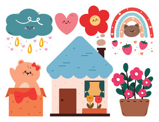 hand drawing cartoon kawaii sticker set with house, animal and sky element. cute sticker, doodle set