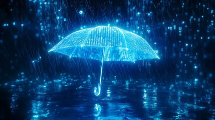 Futuristic glowing blue umbrella shielding against digital rain with binary code in a cyberpunk technology concept

