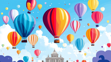 illustration colorful hot air balloon festival with balloons floating on blue sky background, wallpaper