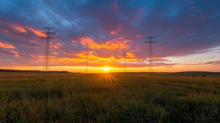Obraz premium Electricity pylons stand in a grassy field under a dramatic sunset sky with a bright sunburst on the horizon.