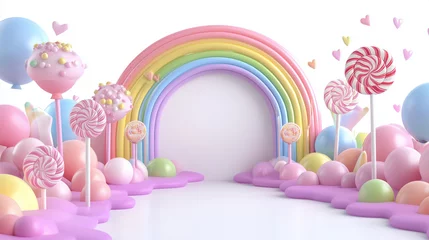 3D cartoon backdrop of candy land scene with rainbows and lollipops on white background.
