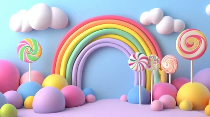 3D cartoon backdrop of candy land scene with rainbows and lollipops on blue background.