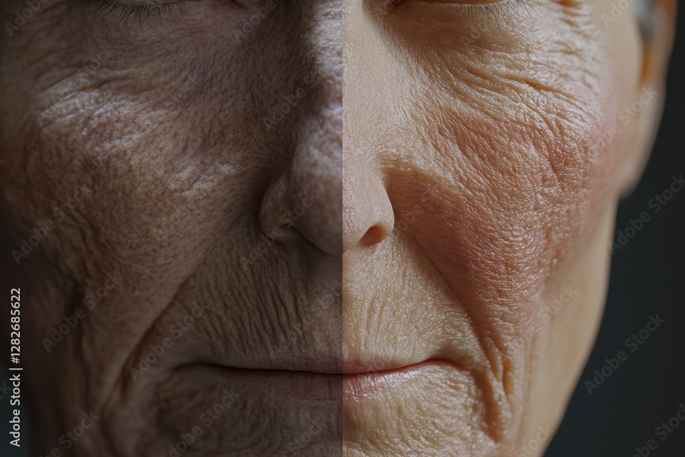 Poster comparison of aged and youthful skin highlighting skin transformation techniques. generative ai