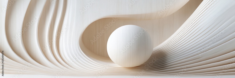 Poster abstract white sphere in curving structure - a single white sphere rests within a complex, curving o