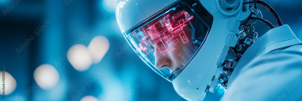 Poster advanced robotic technology - close-up of a robot's helmet displaying futuristic circuitry, suggesti