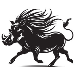 Warthog trotting Silhouette Vector Illustration, Solid White Background.