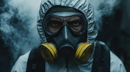 Intense portrait of a hazardous environment worker wearing protective gear and gas mask in smoky atmosphere
